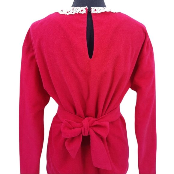 VTG 60s 70s Dark Pink Felted Crochet Lace Collar Long Sleeve Top M Tie Belt - Picture 10 of 12